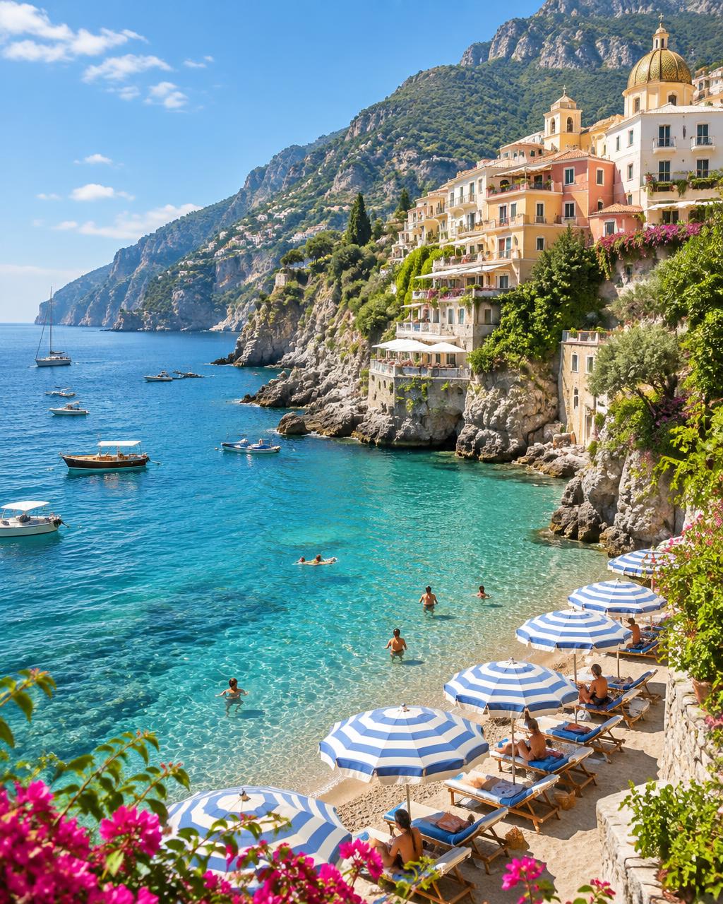 Turquoise water and beach umbrellas on the Italian coast
